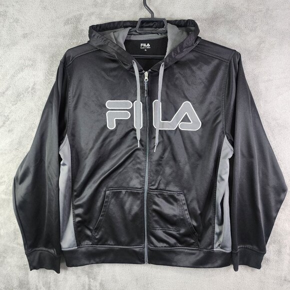 Mens Black & Gray Fila Hooded Sweatshirt Polyester Full-Zip Long Sleeve Size XL - Picture 2 of 12